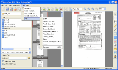 Multi-Page TIFF Editor. Screenshot 5. "Tools" submenu.