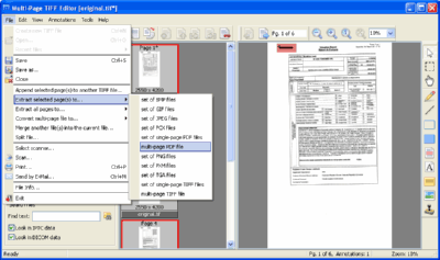 Multi-Page TIFF Editor. Screenshot 11. "Extract selected page(s)..." submenu.