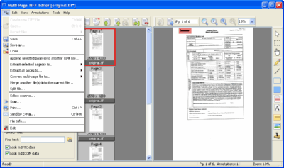 Multi-Page TIFF Editor. Screenshot 2. "File" submenu.