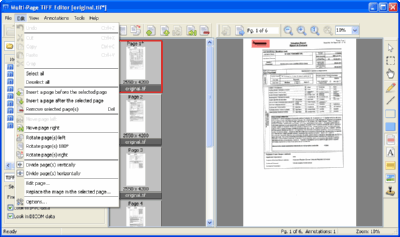 Multi-Page TIFF Editor. Screenshot 3. "Edit" submenu.